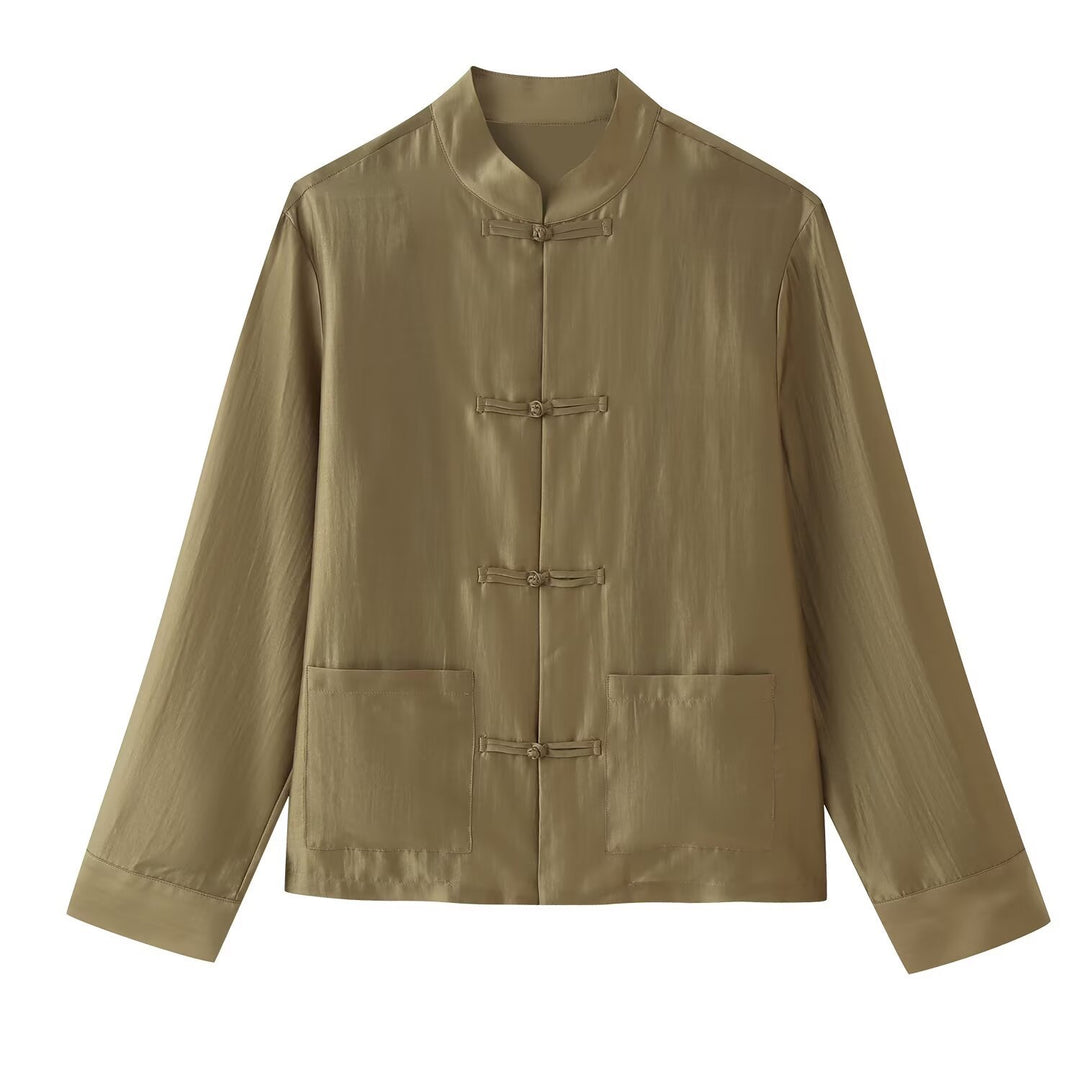 Women Mandarin Jacket with Standing Collar and Chinese Toggle Closures Mune Fashion