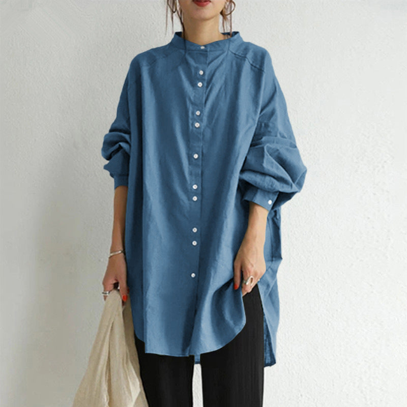 Women's casual oversized tunic blouse with stand-up collar, button placket and side slits Mune Fashion