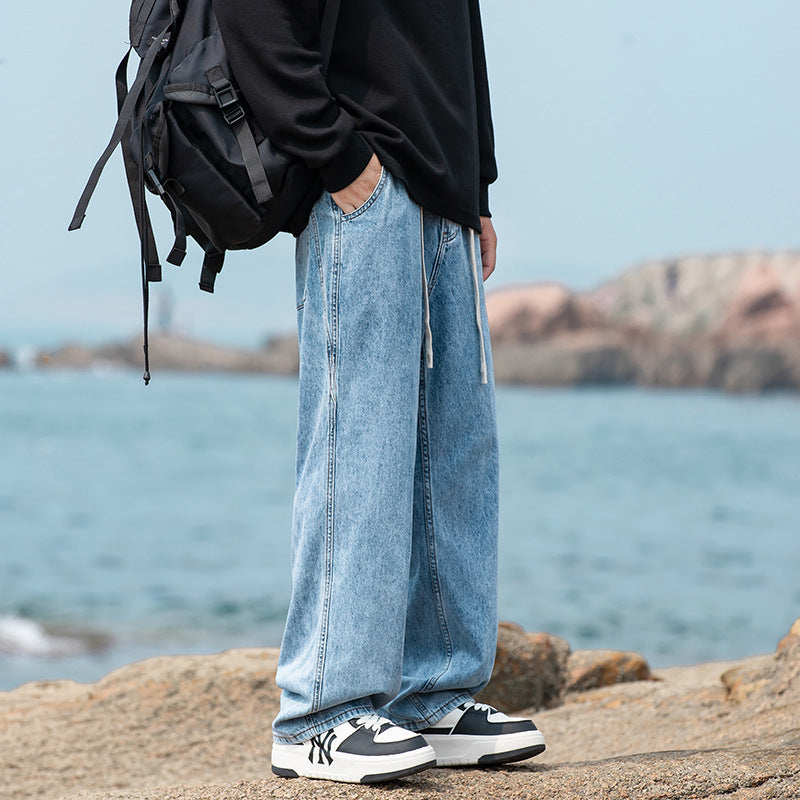 Men's Wide Vintage-Washed Baggy Jeans in Jogger Style with Drawstring Waistband and Ribbed Ankle Cuffs Drune