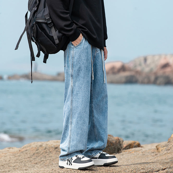 Men's Wide Vintage-Washed Baggy Jeans in Jogger Style with Drawstring Waistband and Ribbed Ankle Cuffs Drune