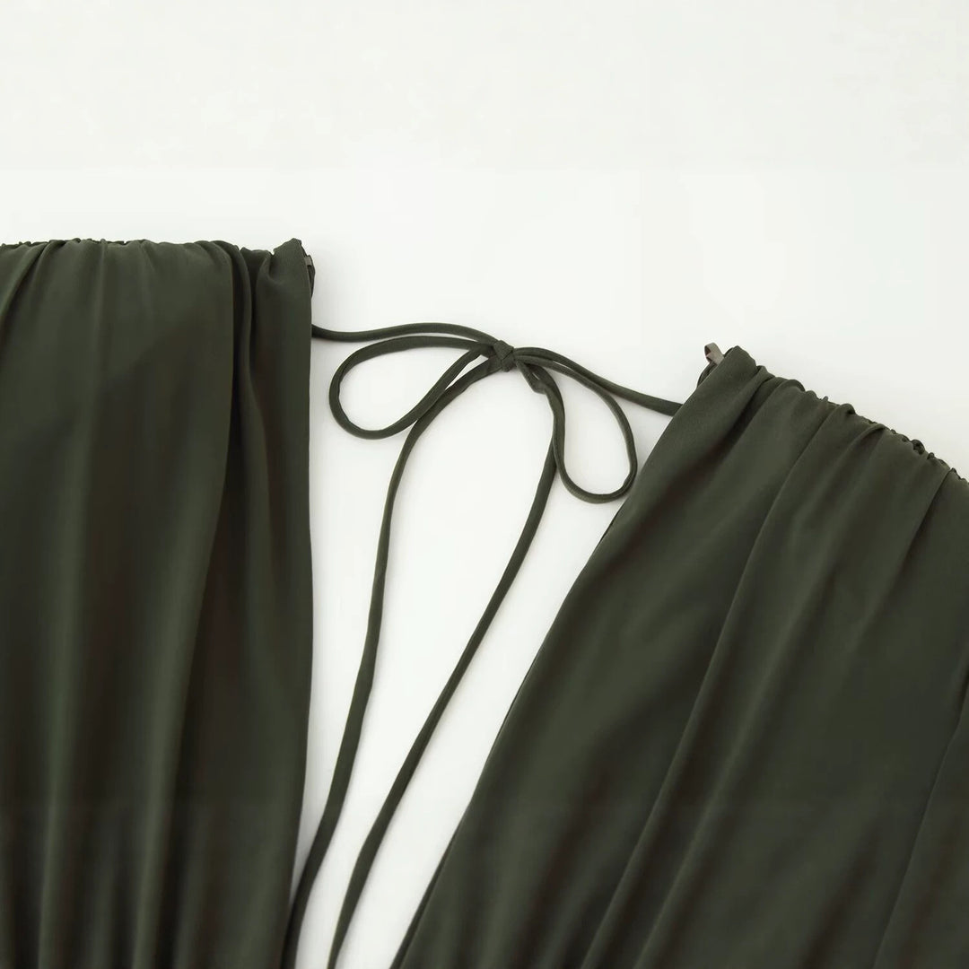 Women's Flowing Maxi Dress with Deep Waterfall V-Neck, Empire Seam and Neck Tie Mune Fashion