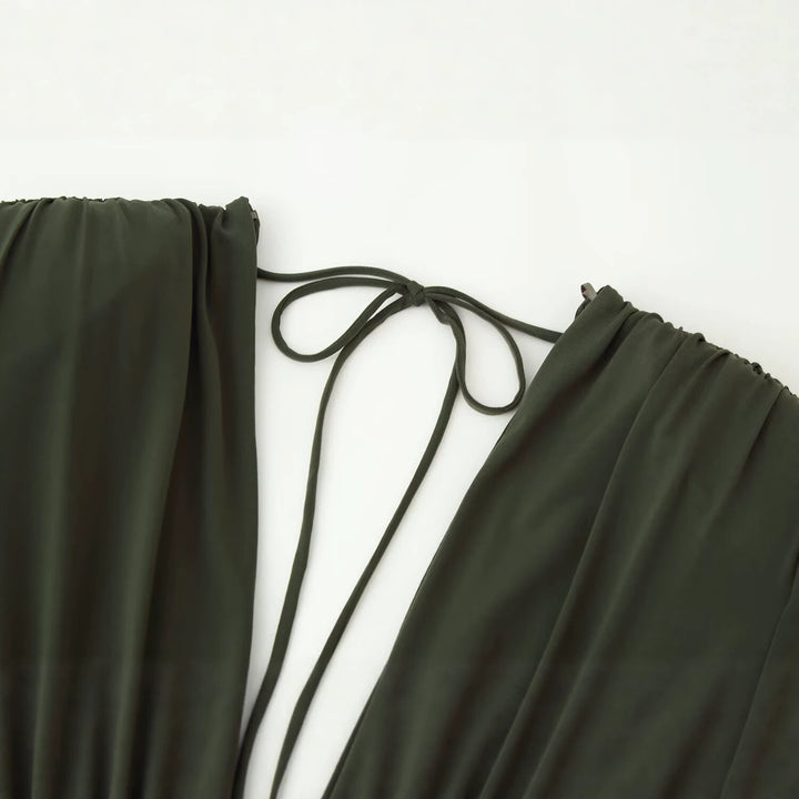 Women's Flowing Maxi Dress with Deep Waterfall V-Neck, Empire Seam and Neck Tie Mune Fashion
