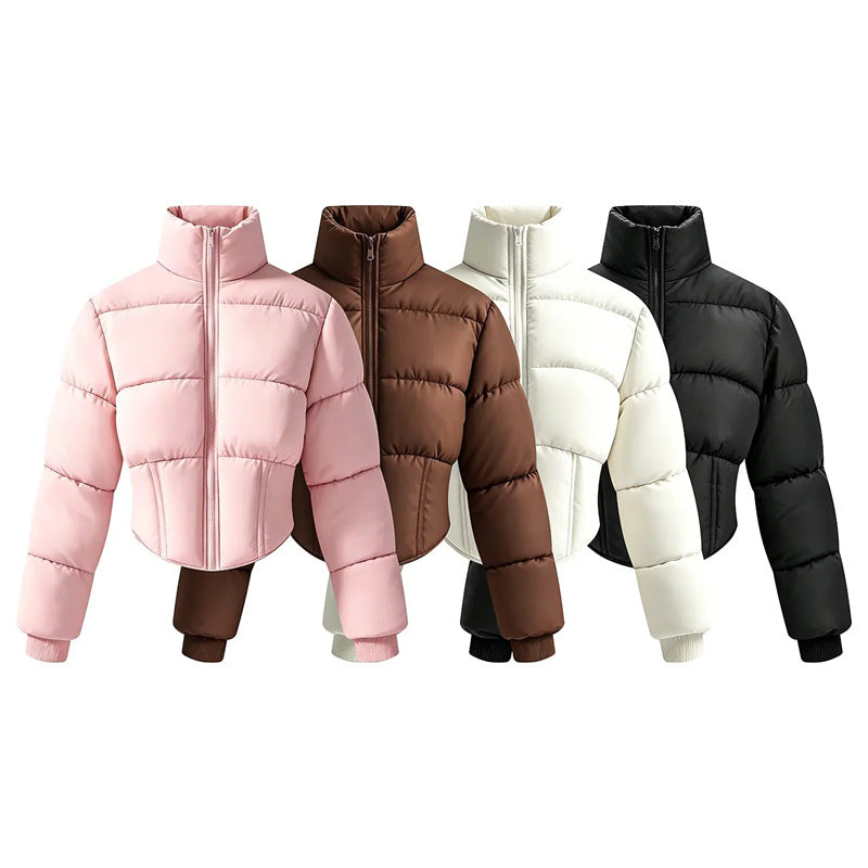 Women's cropped padded waist jacket with stand-up collar and shaping seams Mune Fashion