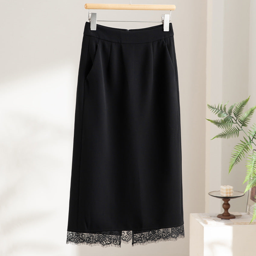 Ladies midi skirt made of satin with lace trim and side pockets Mune Fashion