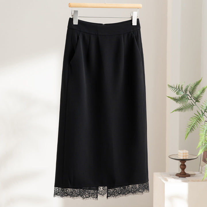 Ladies midi skirt made of satin with lace trim and side pockets Mune Fashion