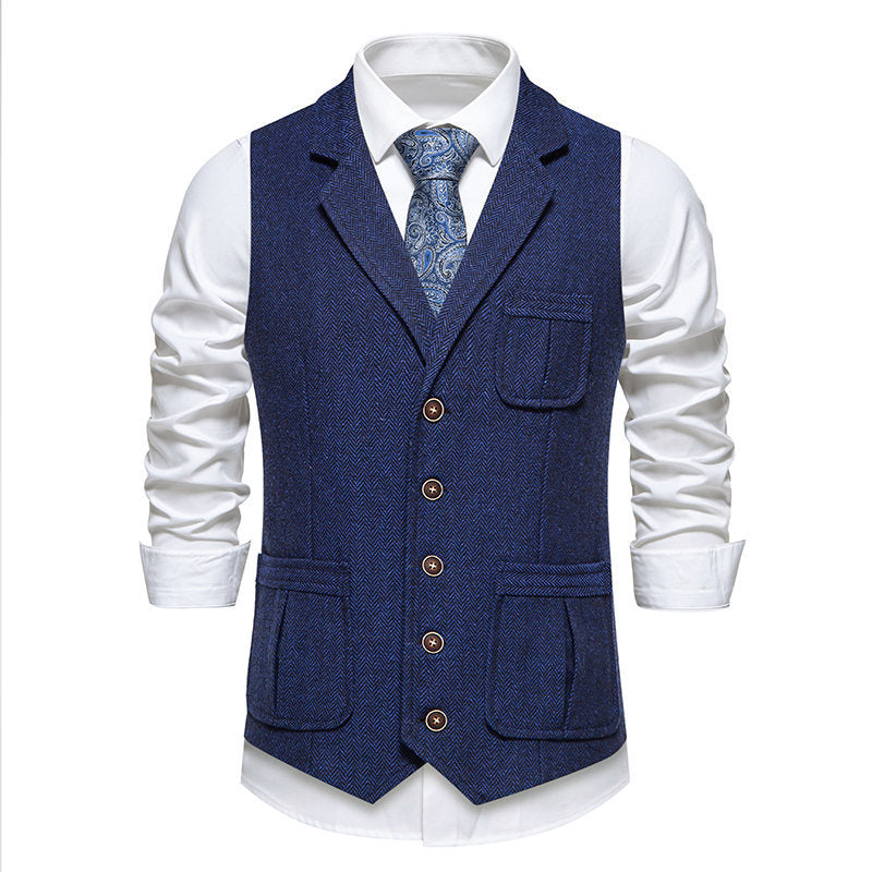 Men's Tweed Vest with Herringbone Pattern, Lapel Collar and Patch Pockets Mune Fashion