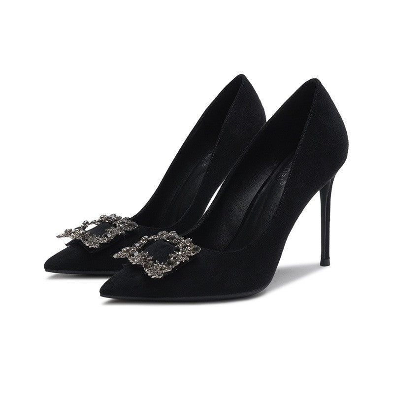 Ladies evening pointed velvet pumps with crystal-embellished decorative buckle and slim stiletto heel