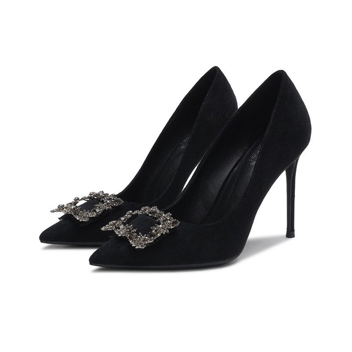 Ladies evening pointed velvet pumps with crystal-embellished decorative buckle and slim stiletto heel