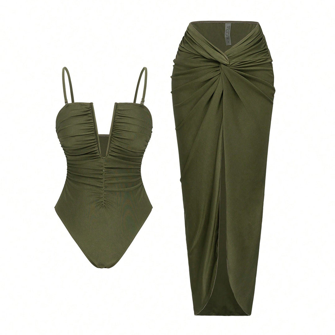 Women's One-Piece Swimsuit with Elegant Wrap Skirt Mune Fashion