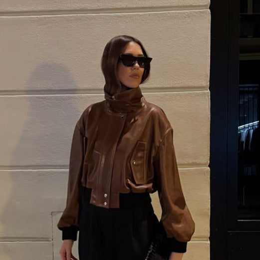 Women's short-cut leather blouse jacket with high stand-up collar and balloon sleeves Mune Fashion