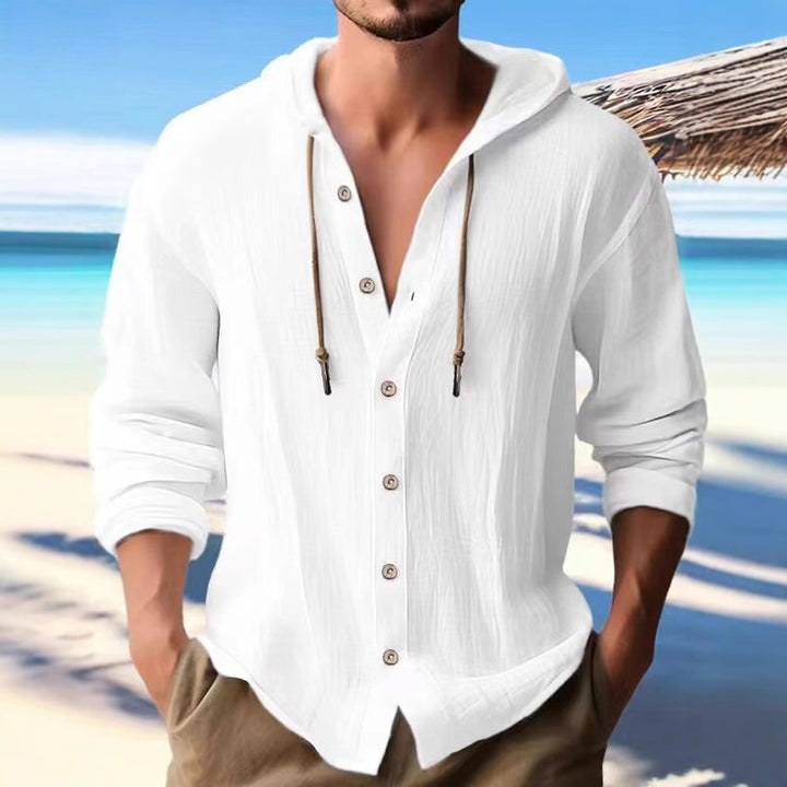 Men's casual linen shirt with hood, button placket, and roll-up sleeves Mune Fashion