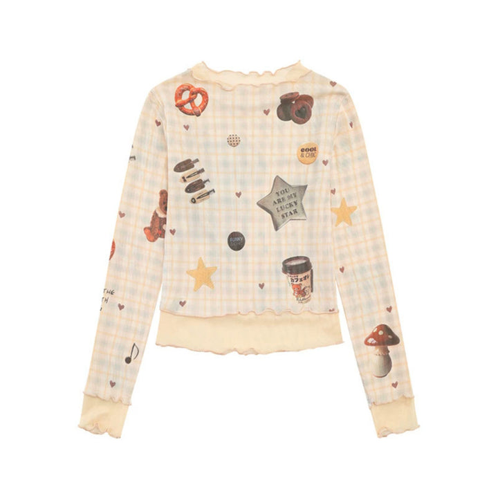 Women's Long Sleeve Mesh Top with Teddy Print and Layered Look Mune Fashion
