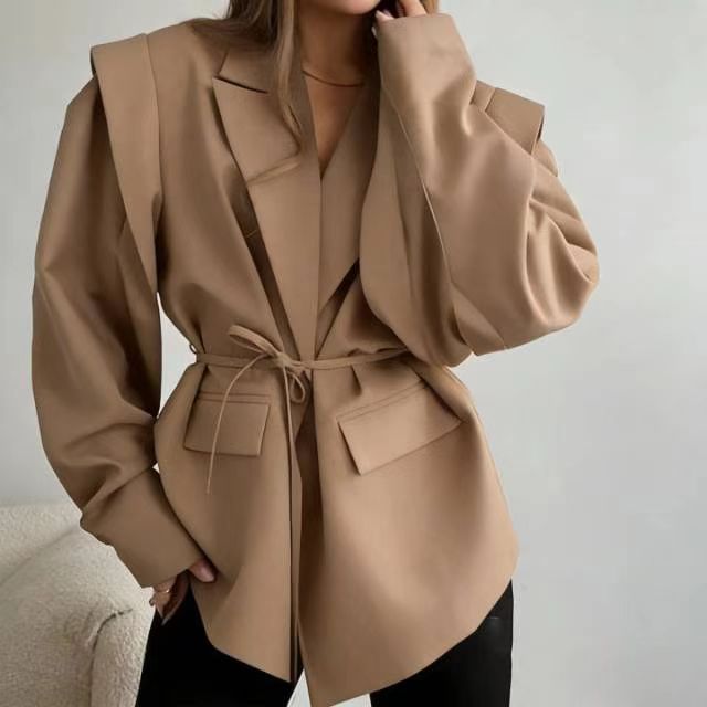 Women fitted floral blazer with belt and lapel collar Mune Fashion