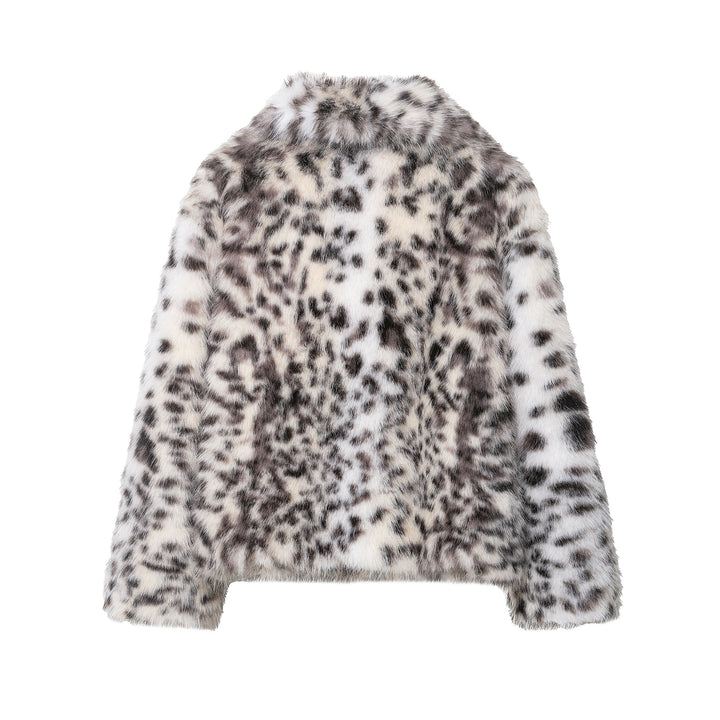 Women's Short Faux Fur Coat with Leopard Print and Shawl Collar Mune Fashion