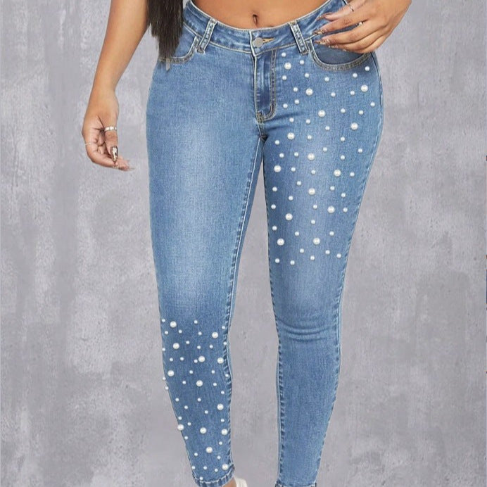 Women High-Waist Skinny Jeans with Pearl Application Mune Fashion