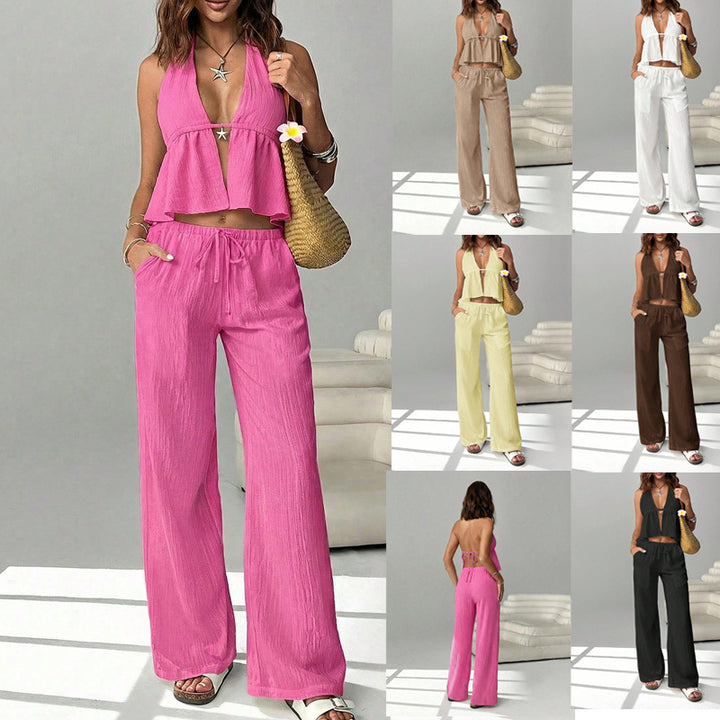 Women's Two-Piece Linen Look Set with Deep V-Neck, Gathered Empire Waist and Wide Palazzo Pants Mune Fashion