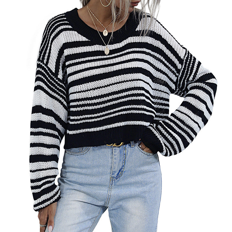Ladies Cropped Knit Sweater with Off-Shoulder, Loose Oversize Fit & Striped Pattern Mune Fashion