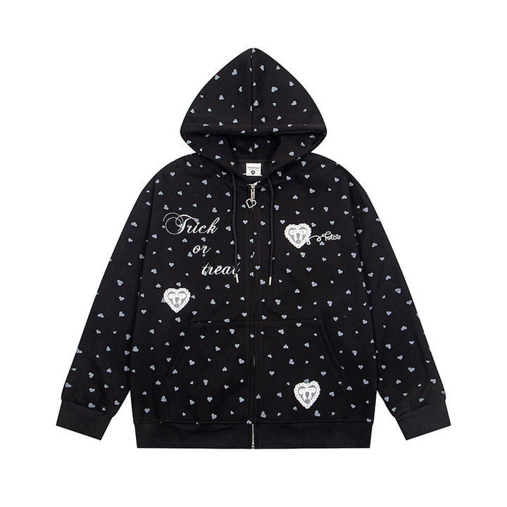 Women's hoodie sweat jacket with full-length zipper, all-over heart print and statement embroidery Mune Fashion
