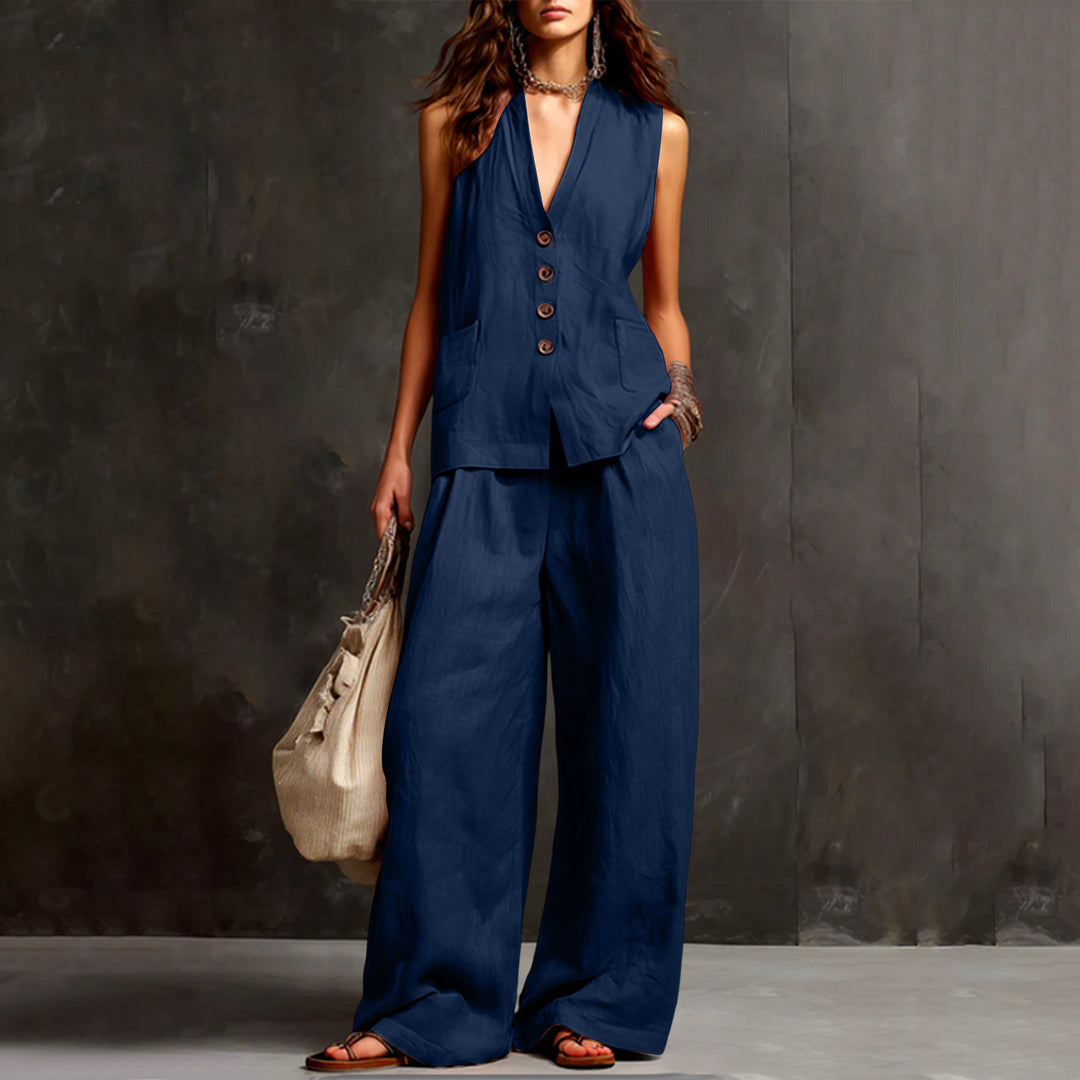 Women's Sleeveless Longline Waistcoat and Palazzo Pants Set in Linen Look Mune Fashion