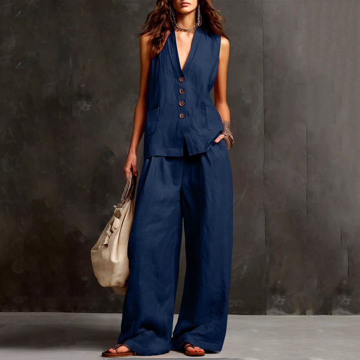 Women's Sleeveless Longline Waistcoat and Palazzo Pants Set in Linen Look Mune Fashion
