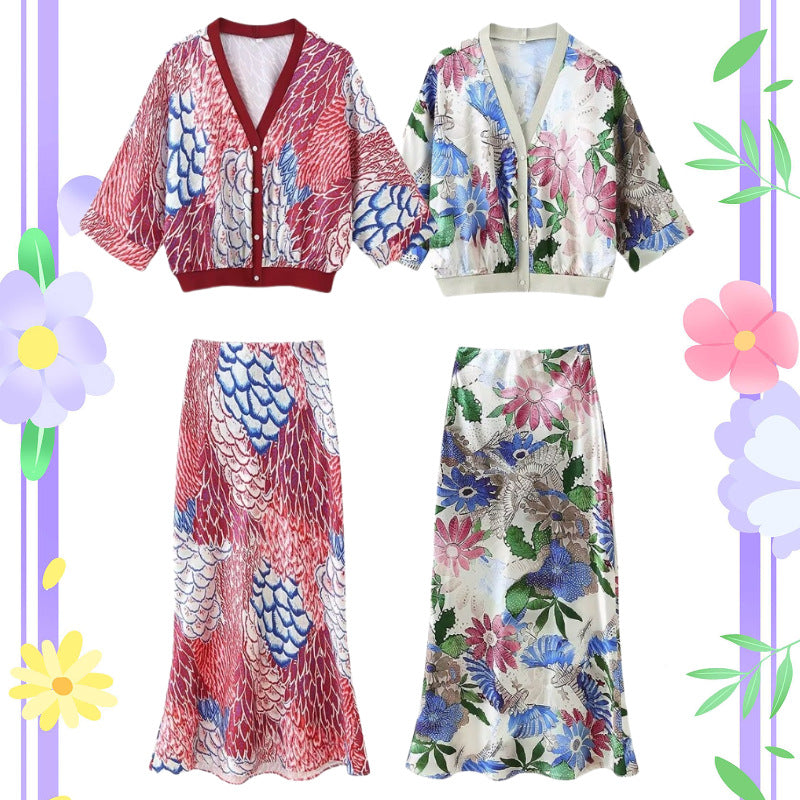 Ladies two-piece satin set with floral printed short jacket and bias-cut midi skirt Mune Fashion