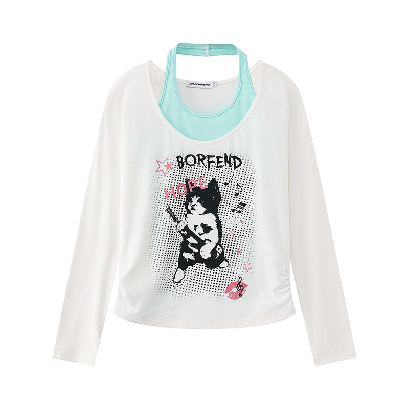 Ladies Layered Long Sleeve Shirt with Racerback Inner Layer and Cartoon Cat Print Mune Fashion
