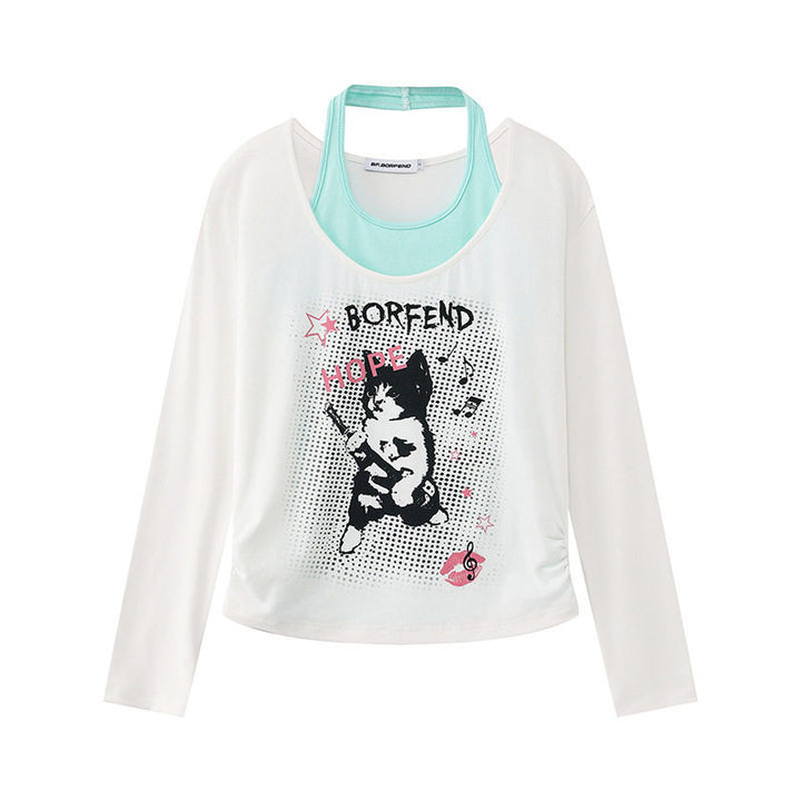 Ladies Layered Long Sleeve Shirt with Racerback Inner Layer and Cartoon Cat Print Mune Fashion