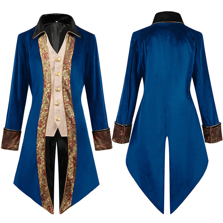 Men's nano baroque velvet tailcoat with gold-embroidered back appliqué and decorative brocade trim.