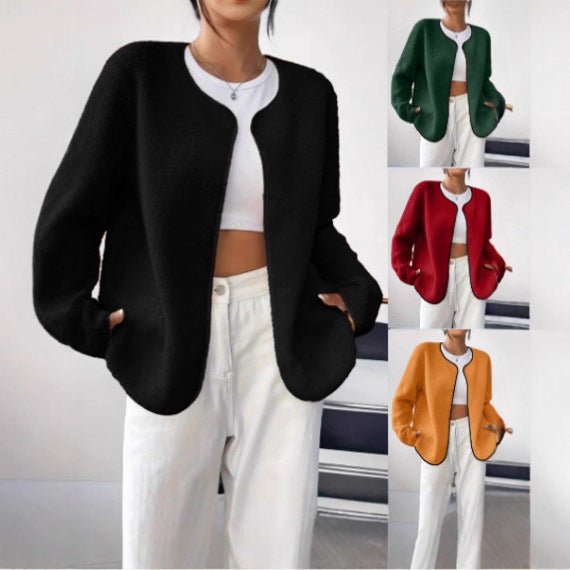 Women's Short Jacket Teddy Fleece Cardigan without Closure with Round Neck Drune