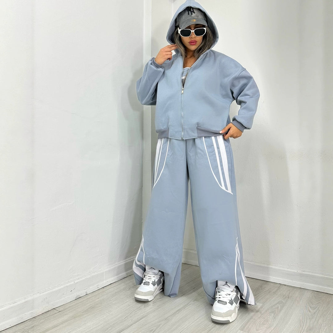 Women's Oversize Hooded Sweat Jacket with Zipper and Wide Track Pant Set Mune Fashion
