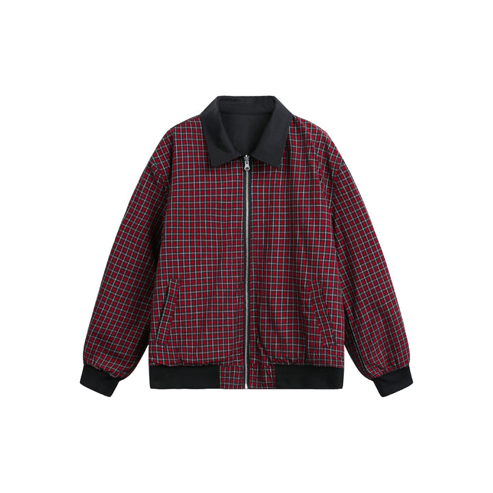 Unisex Reversible Bomber Jacket with Check Lining, Zipper and Ribbed Cuffs Mune Fashion