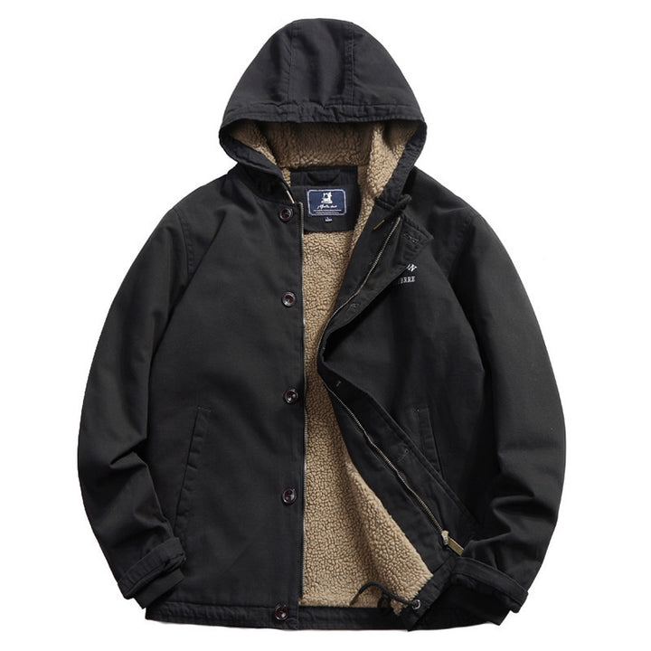 Men's cotton canvas hooded jacket with full teddy lining, concealed button and zipper placket, and inner pocket Mune Fashion