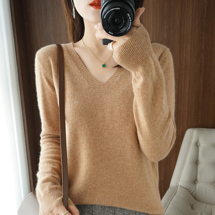 Women Soft V-Neck Cashmere Blend Sweater with Fine Ribbed Cuffs Mune Fashion
