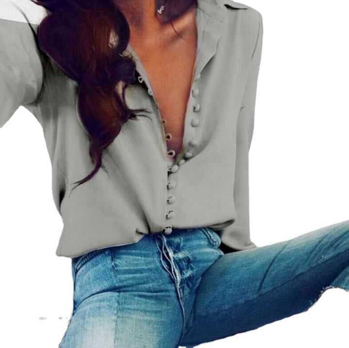 Ladies satin V-blouse with concealed fabric button placket and casual fit Mune Fashion