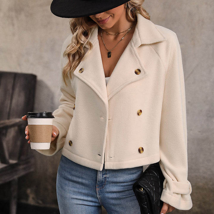 Women's Short Cut Double-Breasted Fleece Jacket with Notched Collar Mune Fashion