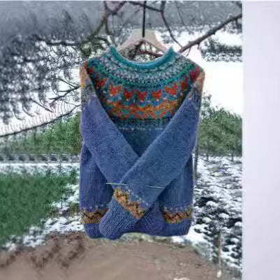 Women's Norwegian sweater made of wool blend with round neck and traditional Fair Isle yoke Mune Fashion