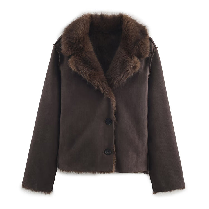 Women's Reversible Short Jacket with Faux Fur Trim and Suede Look Mune Fashion