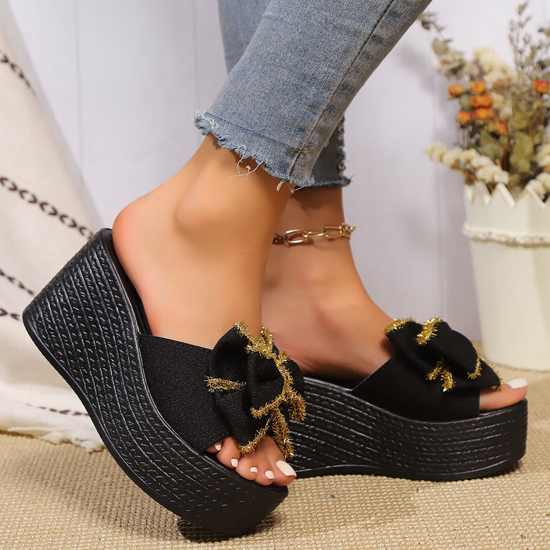 Women's Wedge Sandal with large bow and sparkling decorative trim Mune Fashion