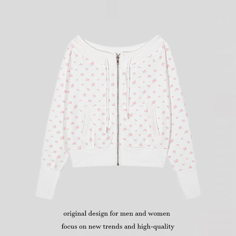 Women's short-cut hooded jacket in waffle knit with wide off-the-shoulder neckline and floral print Mune Fashion