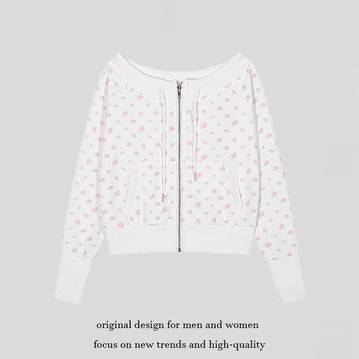 Women's short-cut hooded jacket in waffle knit with wide off-the-shoulder neckline and floral print Mune Fashion