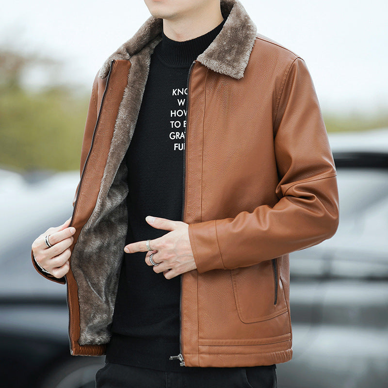 Men's Faux Leather Pilot Jacket with Teddy Collar and Zipper Mune Fashion
