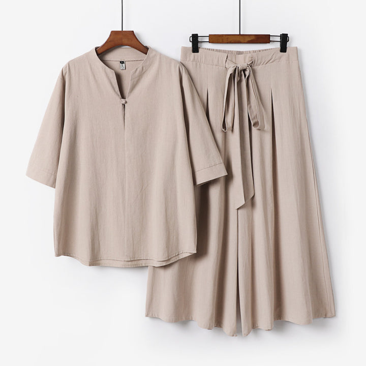 Women's Casual Linen-Viscose Lounge Set with Stand Collar Top and Wide Palazzo Pants Mune Fashion