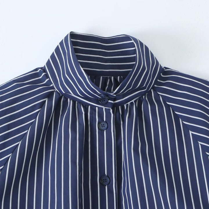 Women Striped Blouse with Stand Collar, Full Button Placket and Drawstring Waistband Mune Fashion