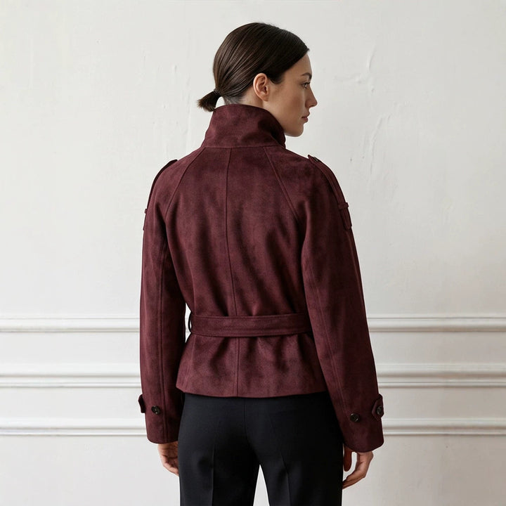 Women's Tailored Short Jacket in Suede Look with Double Breasted and Stand-Up Collar Mune Fashion