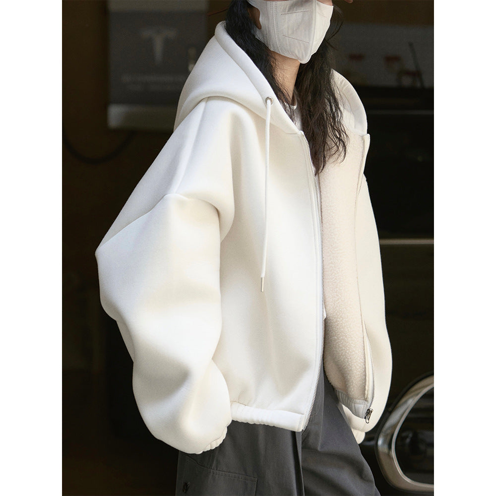 Women Oversized Hooded Zip Jacket with Teddy Lining and Elastic Hem Mune Fashion