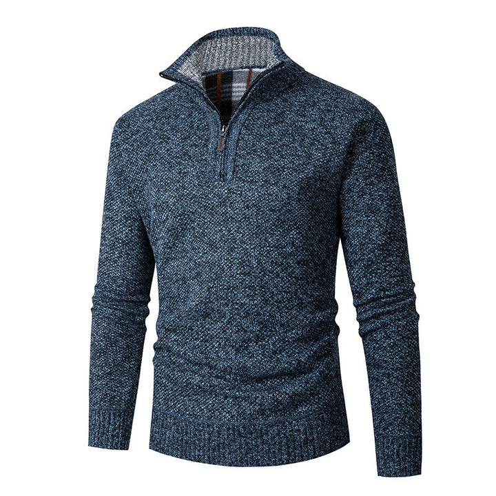 Men's chunky knitted half-zip pullover with stand-up collar and checked collar interior Mune Fashion