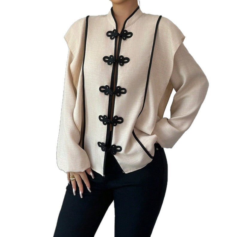 Women's stand-up collar blouse with decorative knot closures and decorative piping Mune Fashion