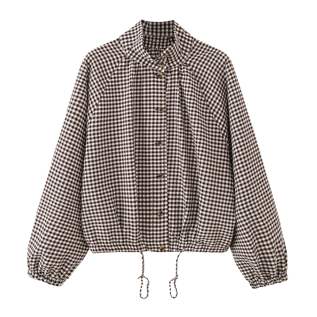 Women's Checked Oversize Blouson with Drawstring and Stand Collar Mune Fashion