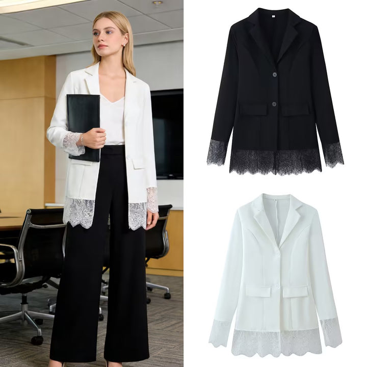 Women Tailored Single-Breasted Blazer with Lace Hem and Lace Cuffs Mune Fashion