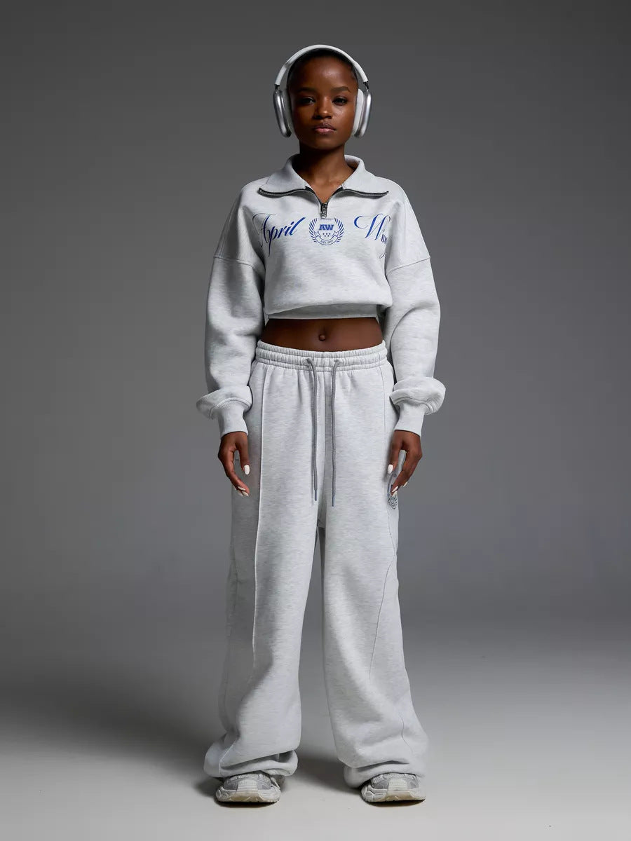 Women Cropped Half-zip Sweatshirt with Wide High-Waist Lounge Pants Set Mune Fashion